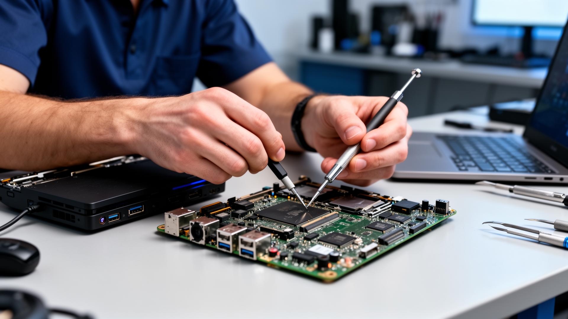 Technik opravujúci notebook a hernú konzolu